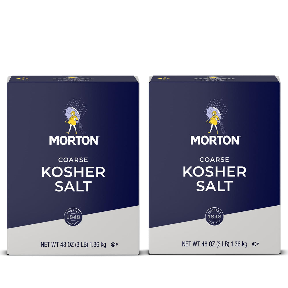Morton Coarse Kosher Salt bottle pour showing easy pinch-and-sprinkle for cooking.