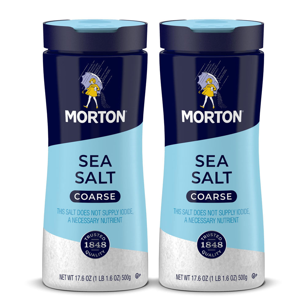 Morton coarse sea salt front-pack showing two-pack convenience for everyday seasoning