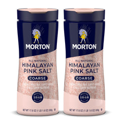 Morton Himalayan pink salt crystals in a two-pack bottle add vibrant color to dishes