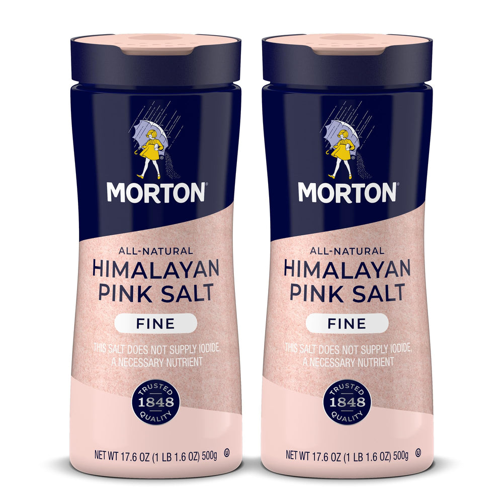 Morton Himalayan Pink Salt fine 2-pack ready for quick seasoning.