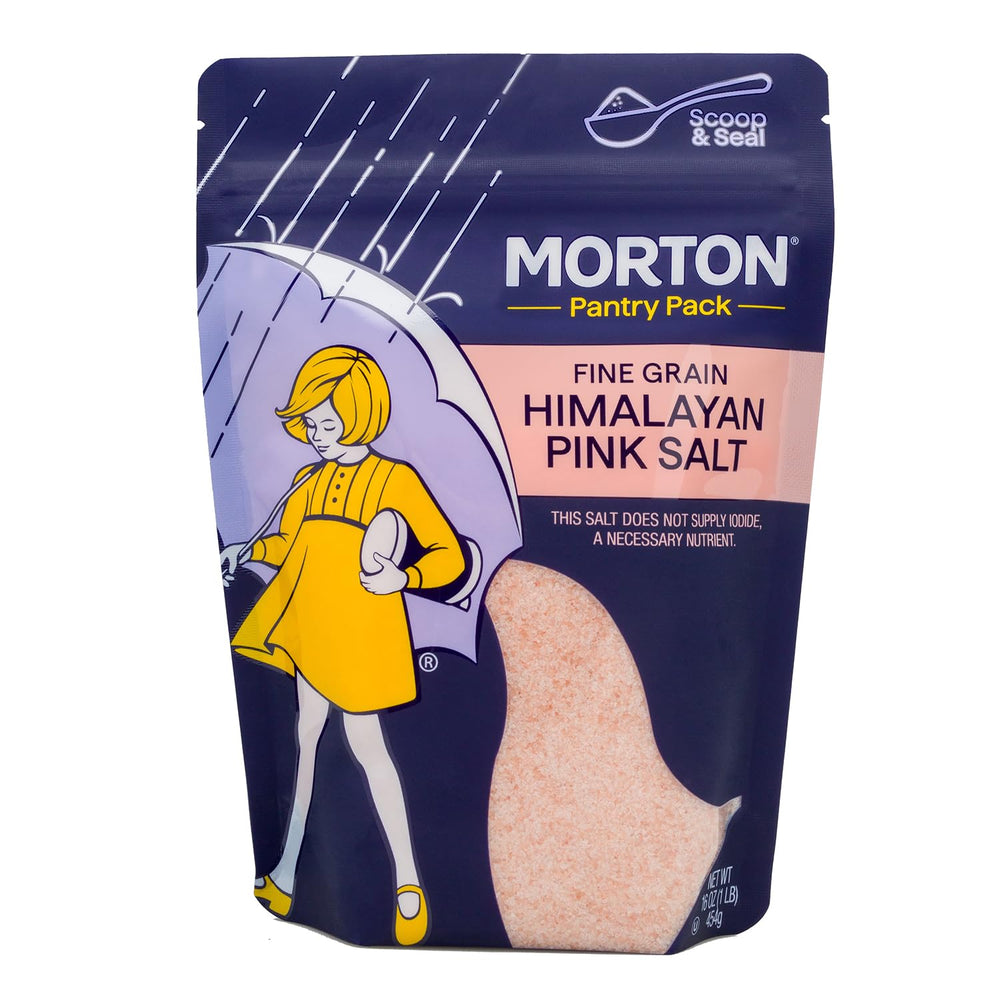 Morton Himalayan pink salt fine grain in a 1 lb pouch ready to use