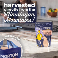 Morton Himalayan pink salt fine grain sprinkled on a dish for flavor