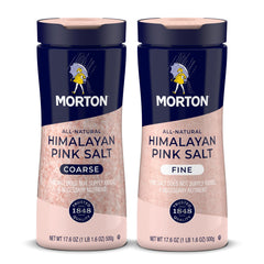 Morton Himalayan Pink Salt Set with fine and coarse grains for versatile cooking.