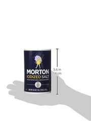Morton iodized round measuring aid with consistent grain for precise seasoning.
