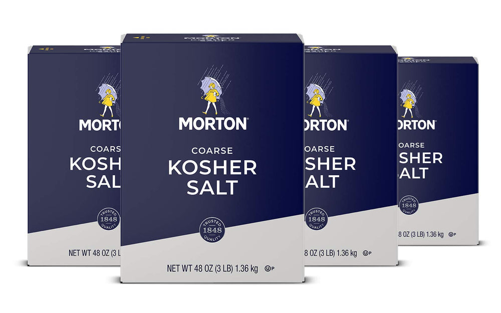 Morton Kosher Salt coarse 48oz pack image highlighting four-pack value for cooking