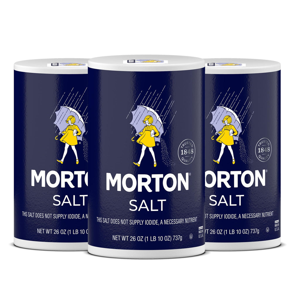 Morton Plain Salt 3-pack packaging on pantry shelf for easy access.