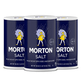 Morton Plain Salt 3-pack packaging on pantry shelf for easy access.