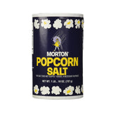 Morton Popcorn Salt jar on table showing ultra-fine crystals for crisp, flavorful snacks.