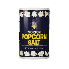 Morton Popcorn Salt jar on table showing ultra-fine crystals for crisp, flavorful snacks.