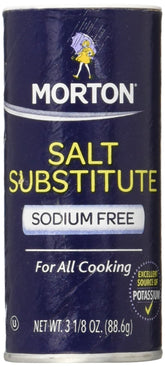 Morton Salt Substitute sodium-free bottle front, ideal for reducing sodium in everyday cooking.