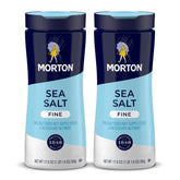 Morton Fine Sea Salt bottle close-up showing quick-dissolving crystals for marinades