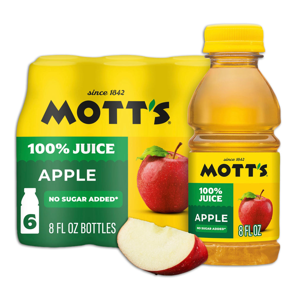 Mott's 100% Apple Juice bottle 8-oz in a six-pack, convenient for lunch