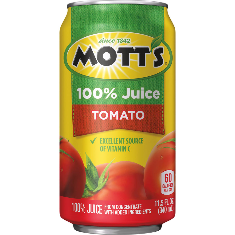 Mott's 100% Tomato Juice can front view, highlighting classic packaging and flavor promise