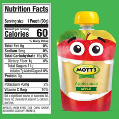 Motts Applesauce 3.2 oz clear pouch, convenient lunchbox treat.