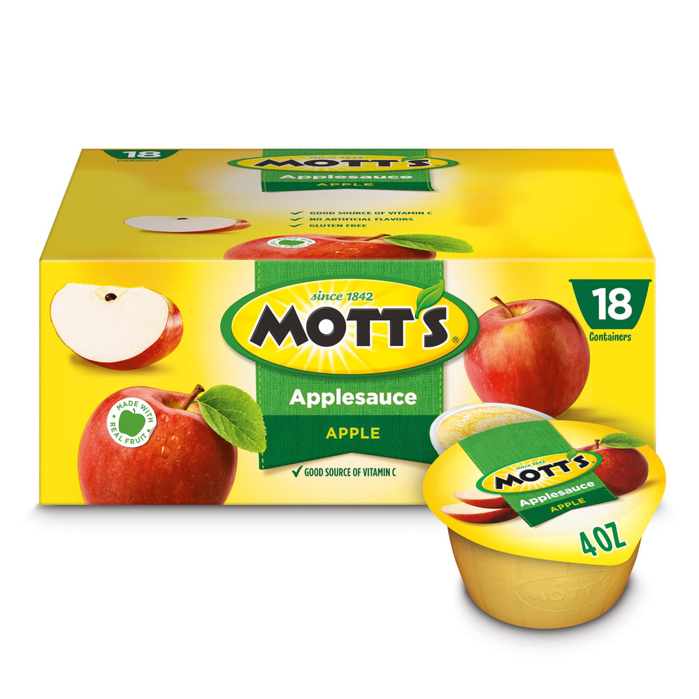Mott's applesauce 4oz clear cups ready for lunchboxes and on-the-go fruit snacking.