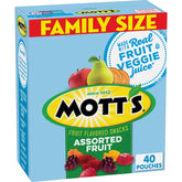 Motts Assorted Fruit Snacks family pack front label, ideal for school lunches