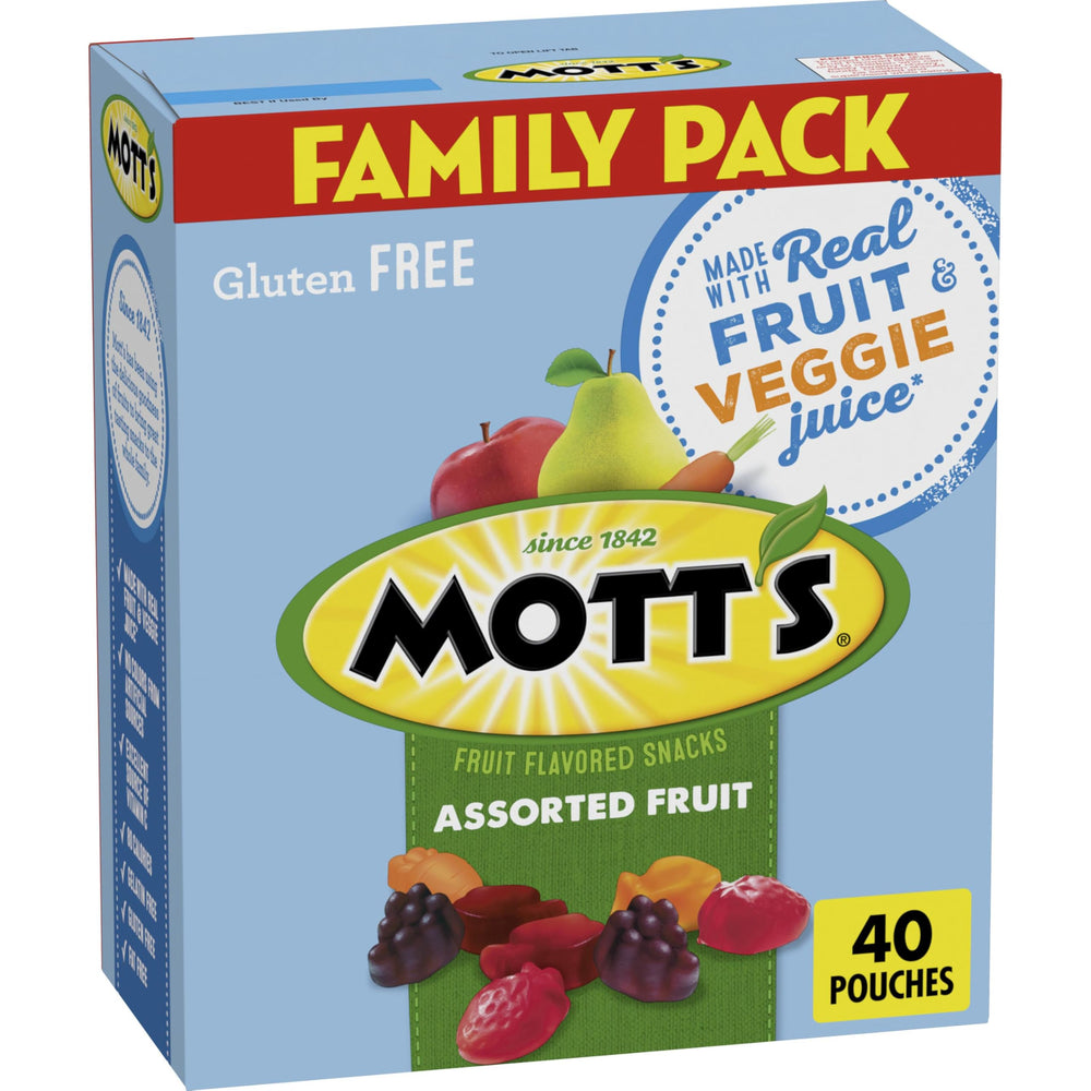 Mott's Assorted Fruit Snacks family pack pouches front for grab-and-go snacking.