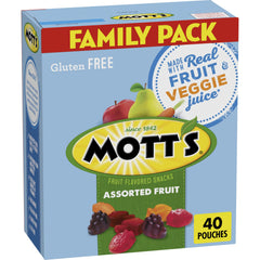 Mott's Assorted Fruit Snacks family pack pouches front for grab-and-go snacking.