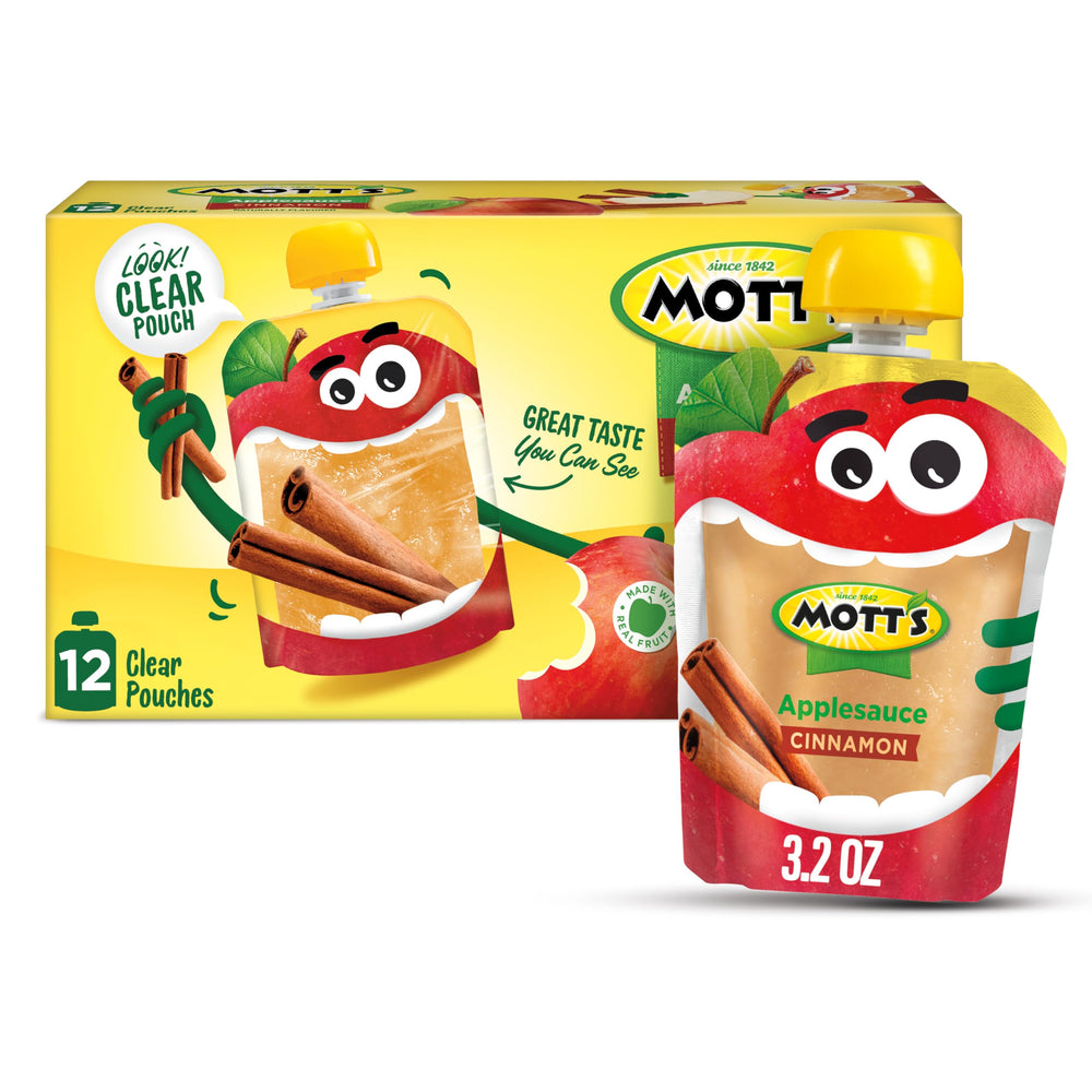 Mott's Cinnamon Applesauce clear pouch on-the-go snack for kids.