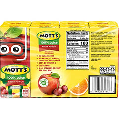 Close-up of Mott's packaging highlighting 100% juice and no added sugar