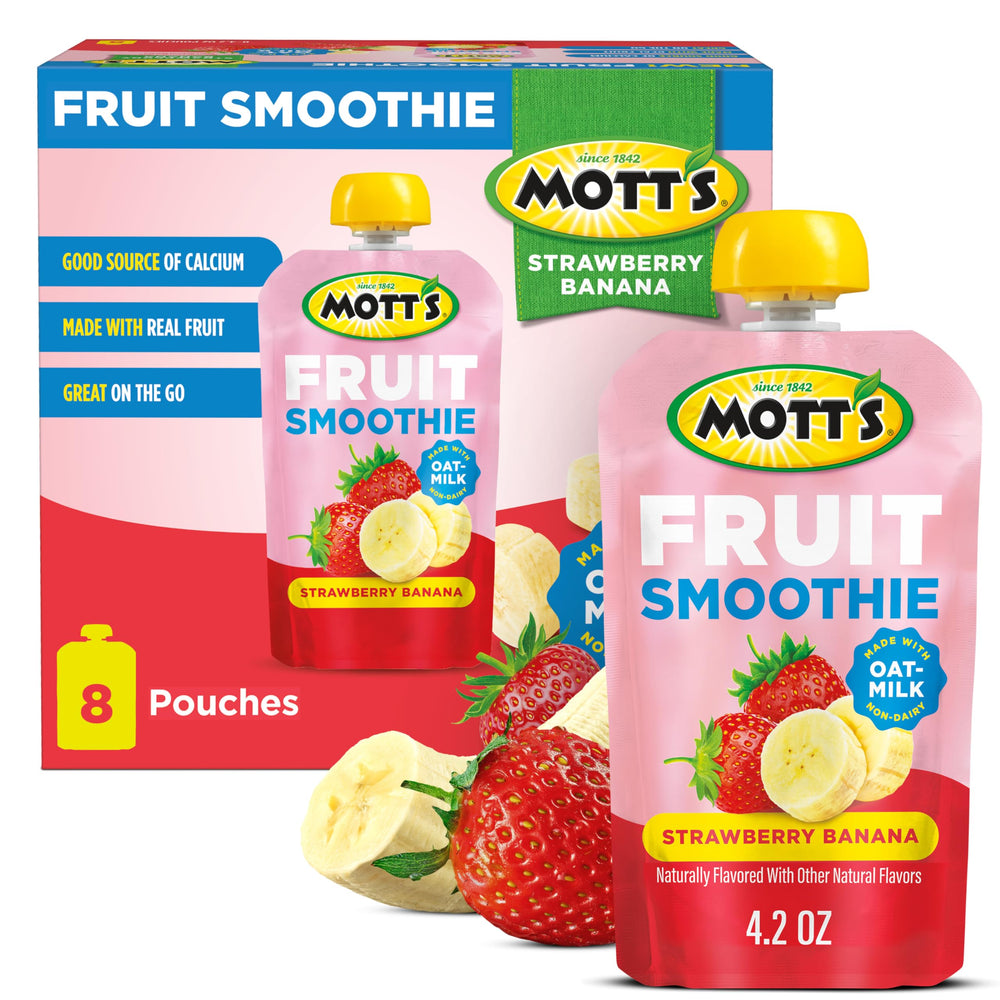 Mott's Fruit Smoothies pouch front highlights real fruit for on-the-go enjoyment.