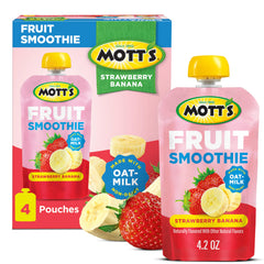 Mott’s Fruit Smoothies strawberry banana pouch, ready-to-go with real fruit.