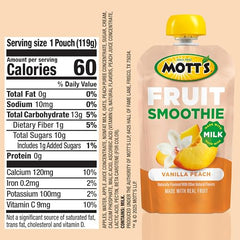 Mott's Vanilla Peach pouch nutrition panel highlights calcium and milk-based smoothie