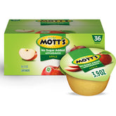 Mott's No Sugar Added Applesauce cups close-up highlights clear packaging and convenient snacking.