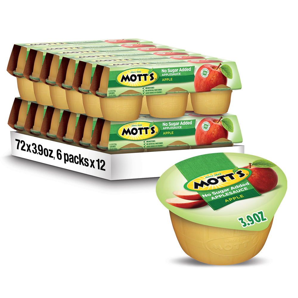 Mott's no sugar added applesauce cup, clear 3.9 oz, ideal lunchbox snack.