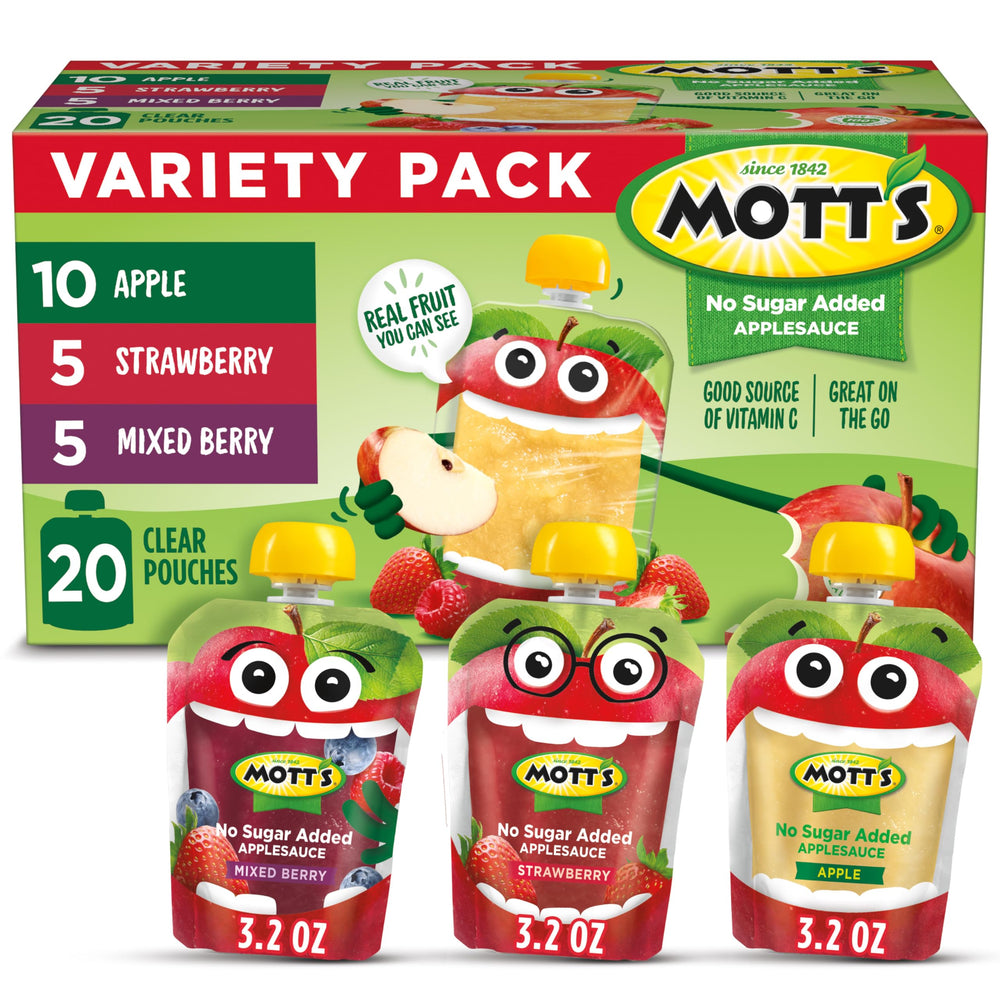 Motts No Sugar Added Applesauce Apple Pouch with real fruit flavor, perfect for quick snacks.