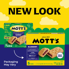 Packaging of Mott's Soft Baked Apple Filled Bars blueberry emphasizes real fruit quality.