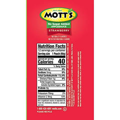 Mott's strawberry applesauce clear pouch close-up; convenient for lunchboxes.