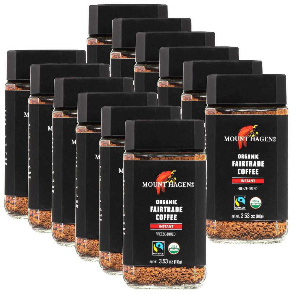 Mount Hagen freeze-dried coffee in a jar showing rich aroma for quick mornings