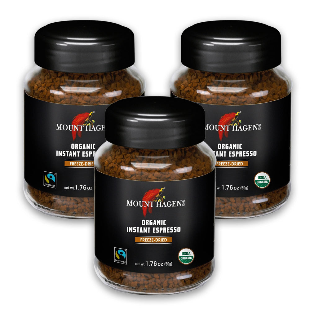 Mount Hagen instant espresso jar label highlighting organic Fair Trade origin and premium crema.