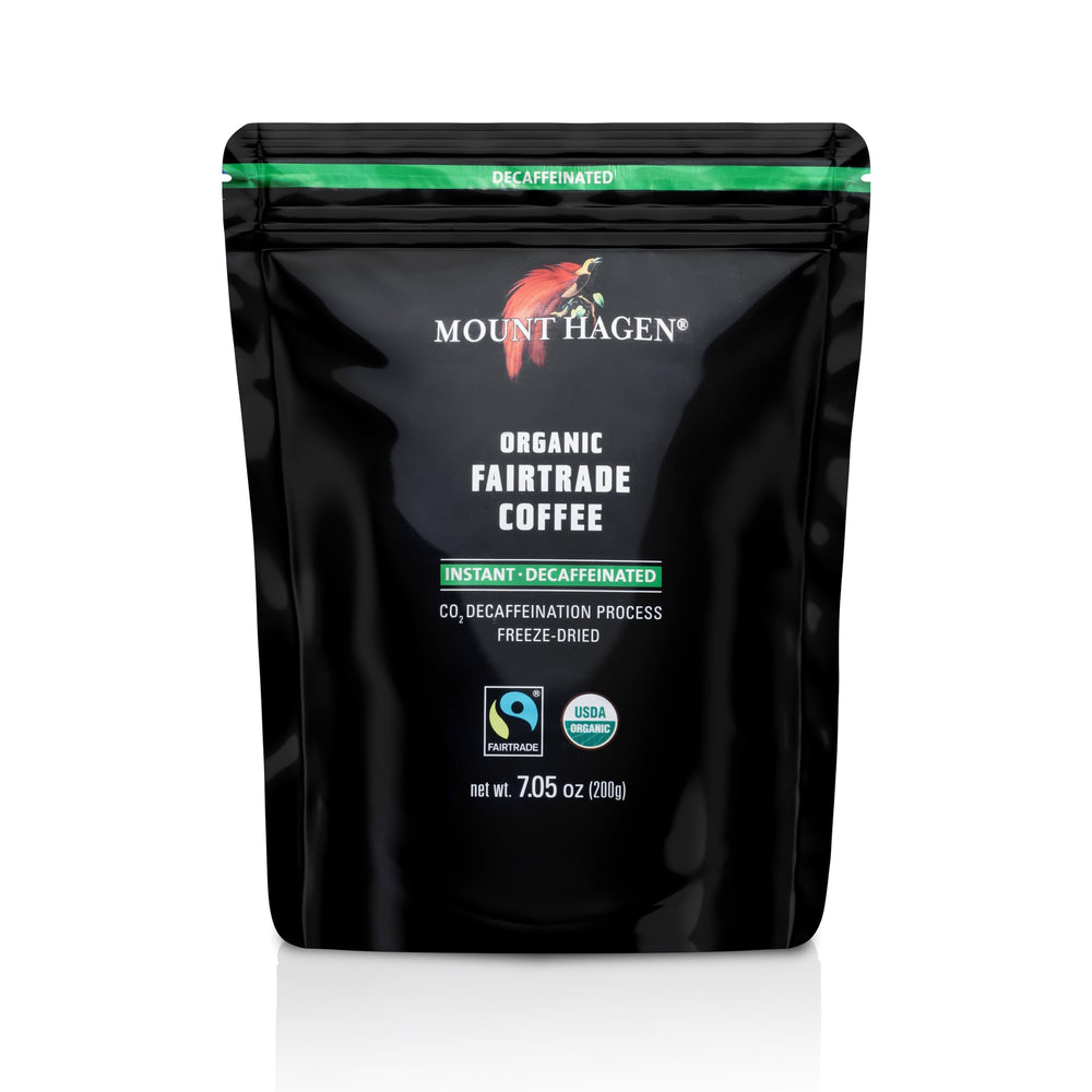 Mount Hagen organic instant decaf pouch for quick, flavorful brews.