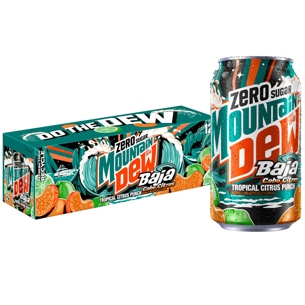 Mountain Dew Baja Cabo Citrus Zero Sugar 12-pack cans ready for refreshing on the go.