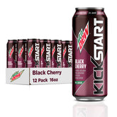 Mountain Dew Kickstart Black Cherry can front shows bold flavor and energy boost.