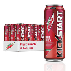 Mountain Dew Kickstart Fruit Punch can with bold color and caffeine boost for mornings