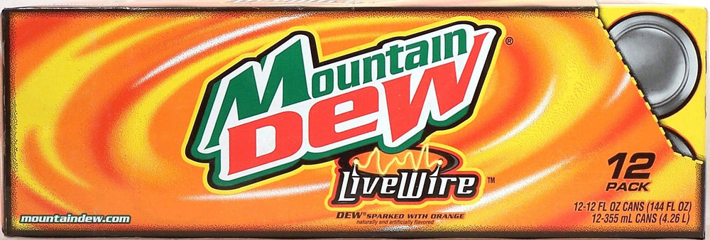 Mountain Dew Live Wire 12oz can, vibrant orange flavor for quick refreshment
