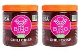MR BING Chili Crisp jar front with glossy oil and crunch, ideal for elevating meals.