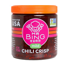 MR BING Chili Crisp mild bottle enhances flavor on any dish.