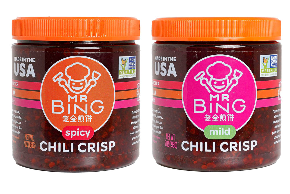 MR BING Chili Crisp spicy jar closeup showcasing bold flavor and crisp texture