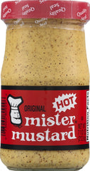 Mr. Mustard Original Mustard jar front view highlighting bold heat for sandwiches.