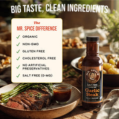 Mr. Spice Organic Garlic Steak Sauce label closeup shows no artificial preservatives and organic badge.