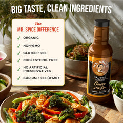 Mr. Spice Organic Ginger Stir Fry Sauce glass jar emphasizing pantry-friendly, organic certification.