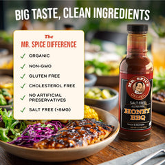 Mr. Spice Organic Honey BBQ Sauce showing a glossy finish on grilled chicken