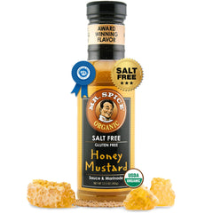 Mr. Spice Organic Honey Mustard Sauce jar for dipping and dressing, salt-free.