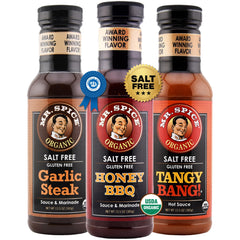 Mr. Spice Honey BBQ glaze bottle highlights low-sodium, smoky sweetness for grills.