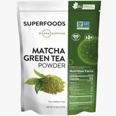 MRM Matcha Green Tea Powder jar displaying vibrant powder for daily energy and flavor.