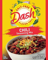 Mrs. Dash chili seasoning packets arranged for display, salt-free flavor boost for chili.